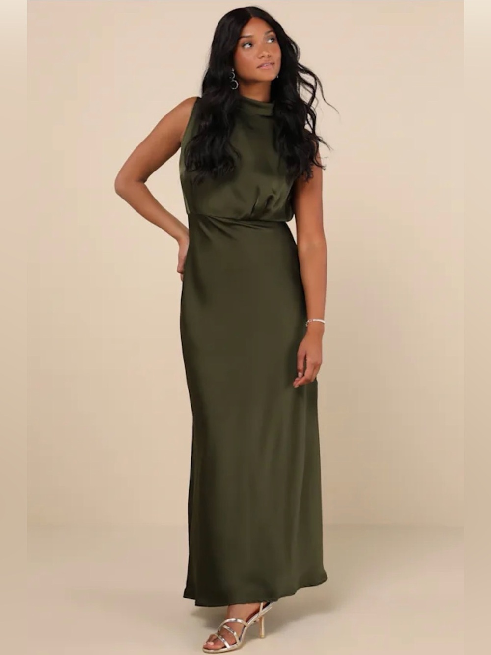 Lulu’s Olive Green Sleeveless Satin Maxi Dress